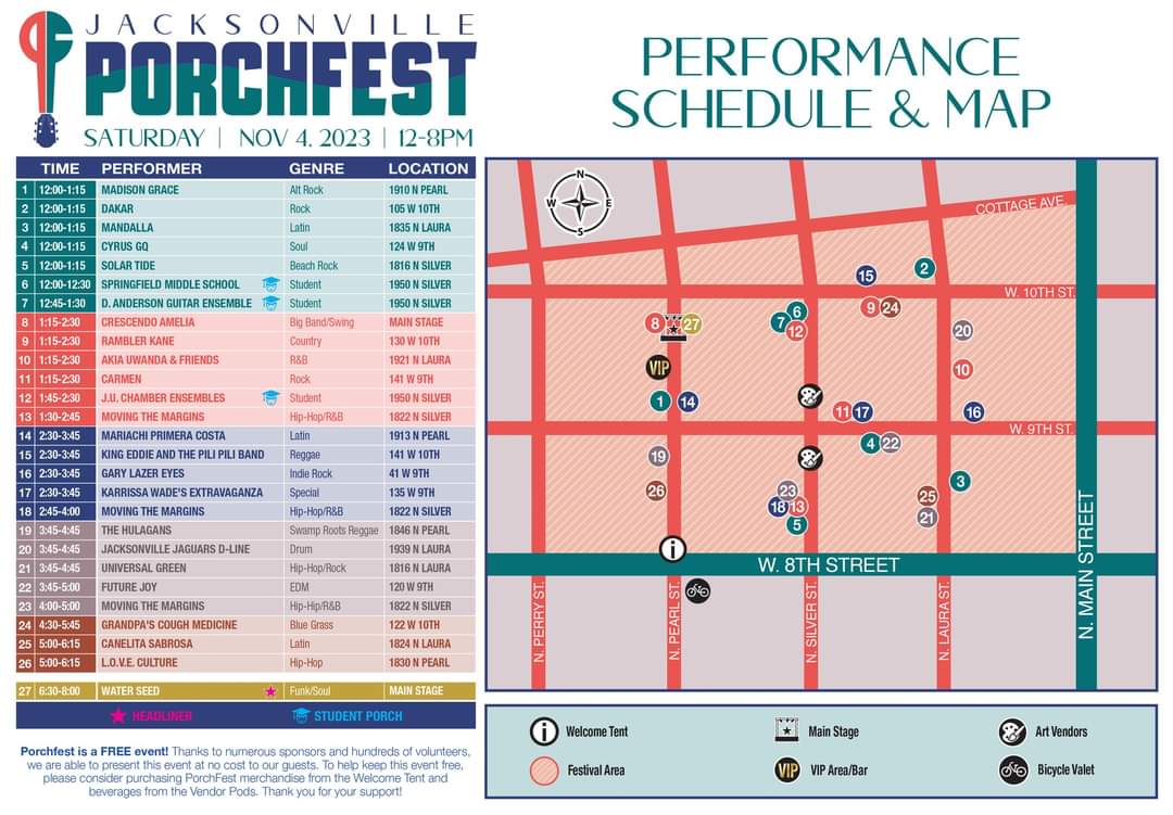 Who's ready to plan their day at Jacksonville PorchFest on Nov 4th? Check out the 2023 performance map & schedule! Listed are the bands, set times & their porch locations. Full map w/ all the details coming soon. 📍Web: jacksonvilleporchfest.org 📍Facebook: facebook.com/events/s/jacks…