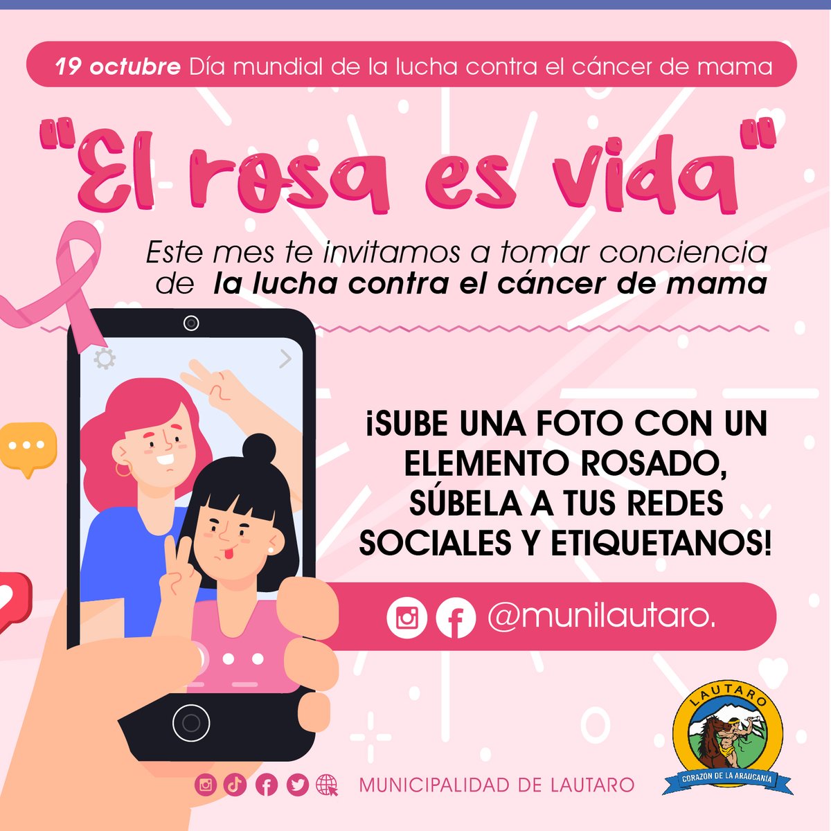¡PREVENIR ES VIVIR!💗

Este mes se conmemora la lucha contra el cáncer de mama, y es por eso que te invitamos a participar de esta campaña de concientización y sensibilización de esta enfermedad. sube una foto  portando un elemento rosado y etiquétanos.
#lautarosereactiva