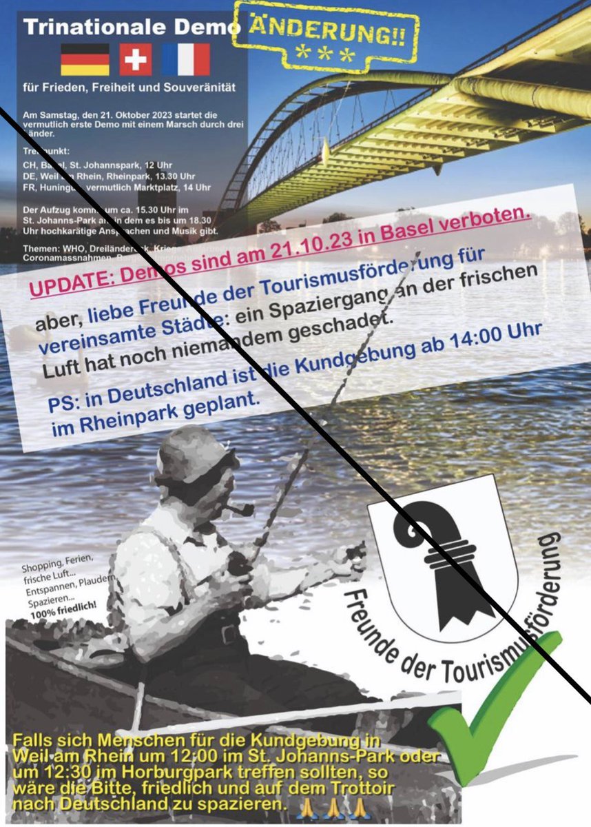 In Basel gilt ein Demonstrationsverbot am kommenden Wochenende!
Nun rufen die Veranstalter zu „Spaziergängen“ und „Tourismusförderung“ auf.
Die Kundgebungen wurden nach jetzigen Stand nach Weil am Rhein verlegt! @weilamrhein