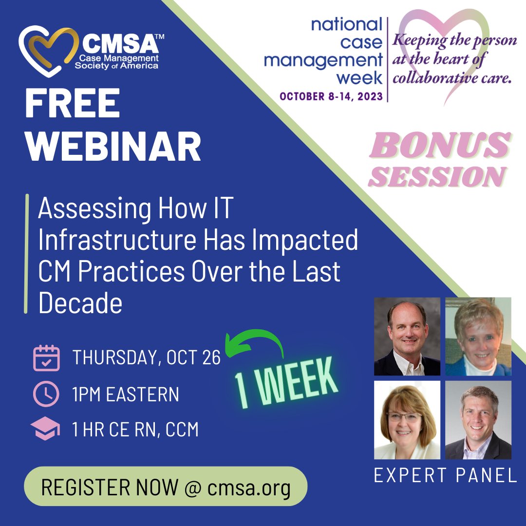 CMSANational's tweet image. Register for our Final #CMWeek2023 Bonus Webinar: 🔗 pathlms.com/cmsa/courses/5…
Thurs, Oct 26 @ 1pm ET
1 hr CE (RN, CCM)
&quot;Assessing How IT Infrastructure Has Impacted #CaseManagement Practices Over the Last Decade”
FREE/OPEN to ALL. 
#HealthcareTechnology #CMSA #CaseManagers
