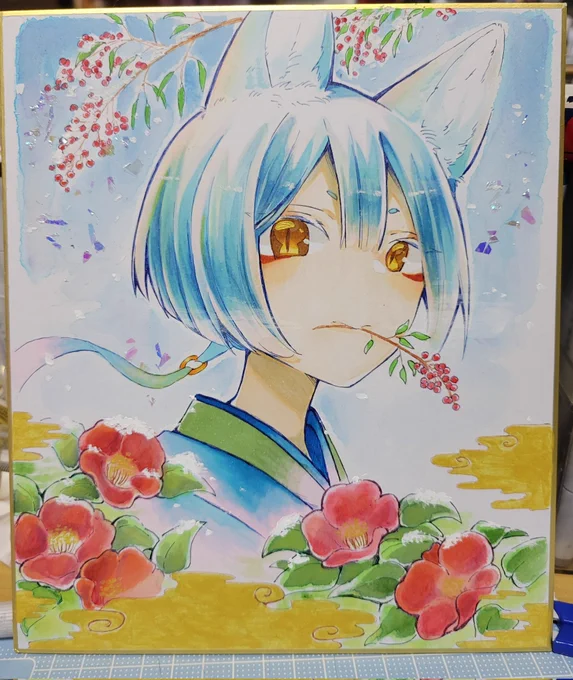 冬の色紙 白狐の擬人化ちゃんです。 ちょっとイメチェンしてます。おすまし顔していたずら考えてる感じの子です。