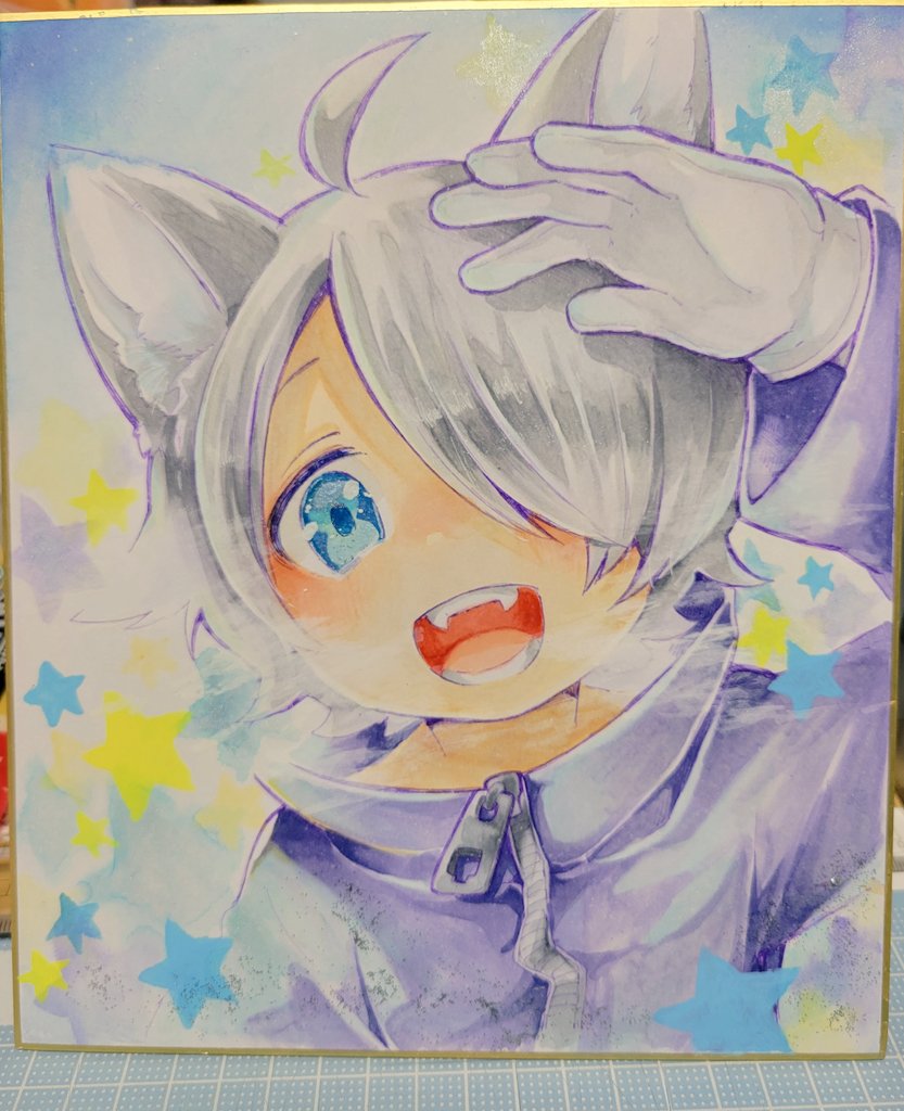 animal ears traditional media 1boy male focus blue eyes solo open mouth  illustration images