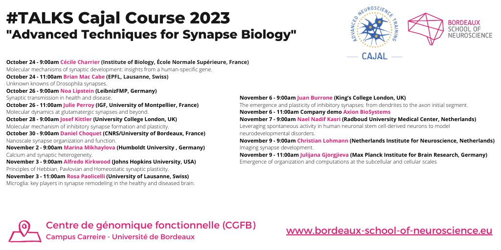 bdxneuroschool's tweet photo. Our #Cajal course on Advanced Techniques for #Synapse #Biology will begin next week on Monday:  

🎙️Discover the #talks 👇

Open to everybody !

@AnaLuisaCarva 
@letelliermathi1 
@Neuro_Bordeaux 
@UnivdeCoimbra 
@JHUArtsSciences https://t.co/uAmv7sSqum