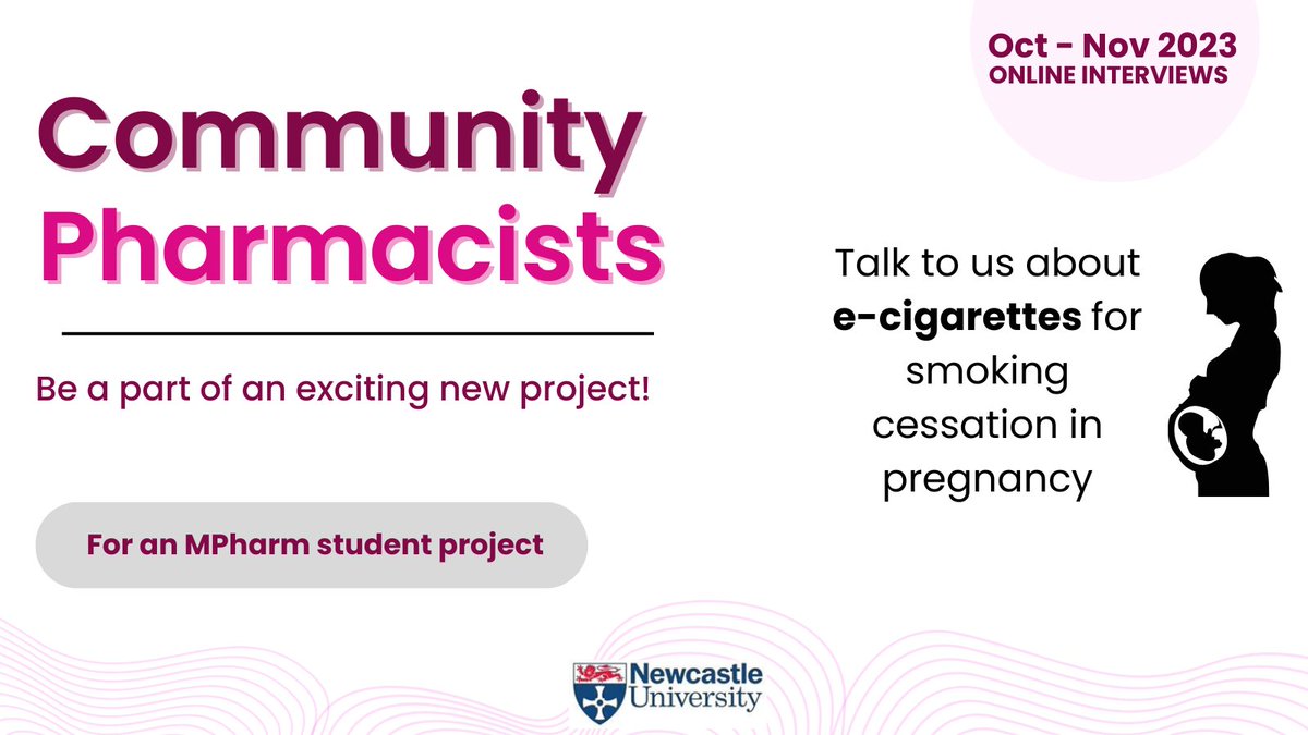 We are looking for pharmacists to share their views and experiences on e-cigarettes for smoking cessation in pregnancy. 
Please use the link to get involved! 
newcastle.onlinesurveys.ac.uk/eligibility-qu… 

<a href="/cpharmUK/">CommunityPharmacy UK</a> <a href="/ComPharmEngland/">Community Pharmacy England</a> <a href="/PharmacyDorset/">Community Pharmacy Dorset</a>
#smokingcessation #stoptober #pharmacy