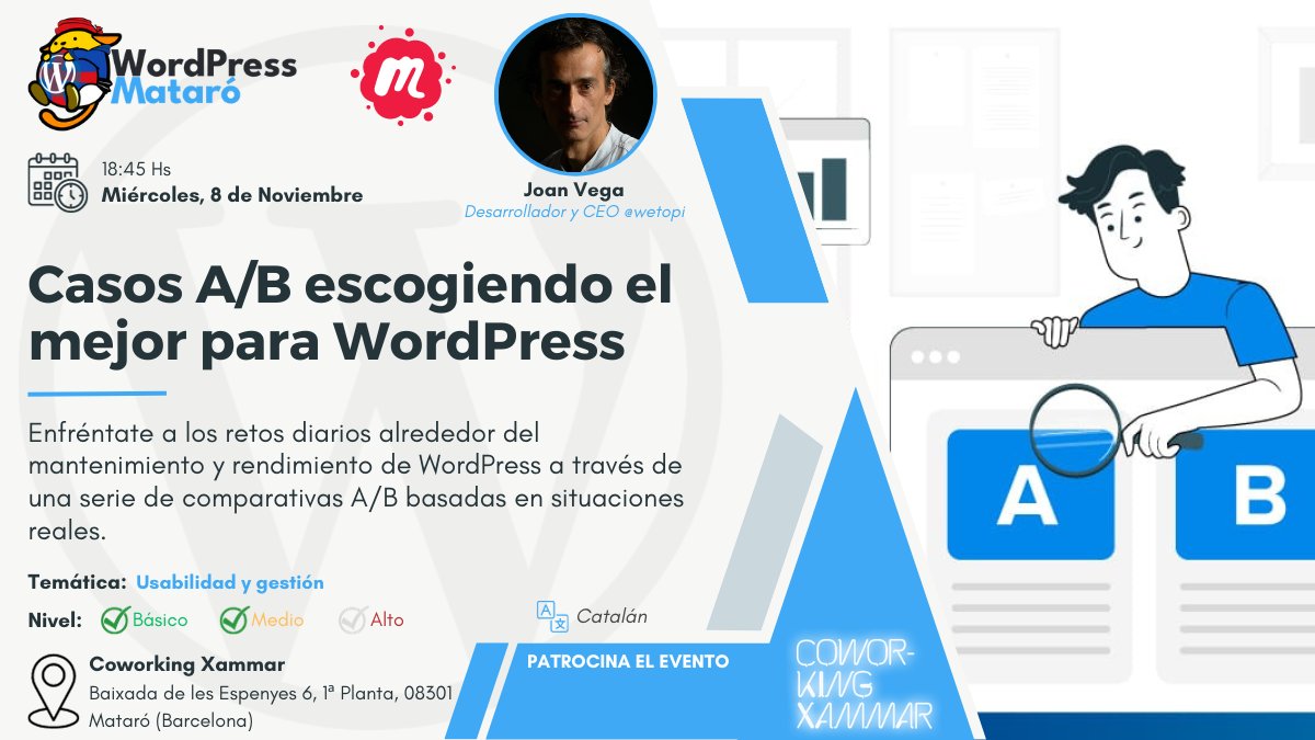 _JosepMoran_'s tweet photo. Ya tenemos nueva charla! Joan Vega de @Wetopi  nos viene a explicar casos A/B, escogiendo la mejor opción para WordPress. Una charla que no deberías  perderte y la charleta posterior aún menos, 😁
#WordPress #MeetupMataro https://t.co/jAY86zCkop