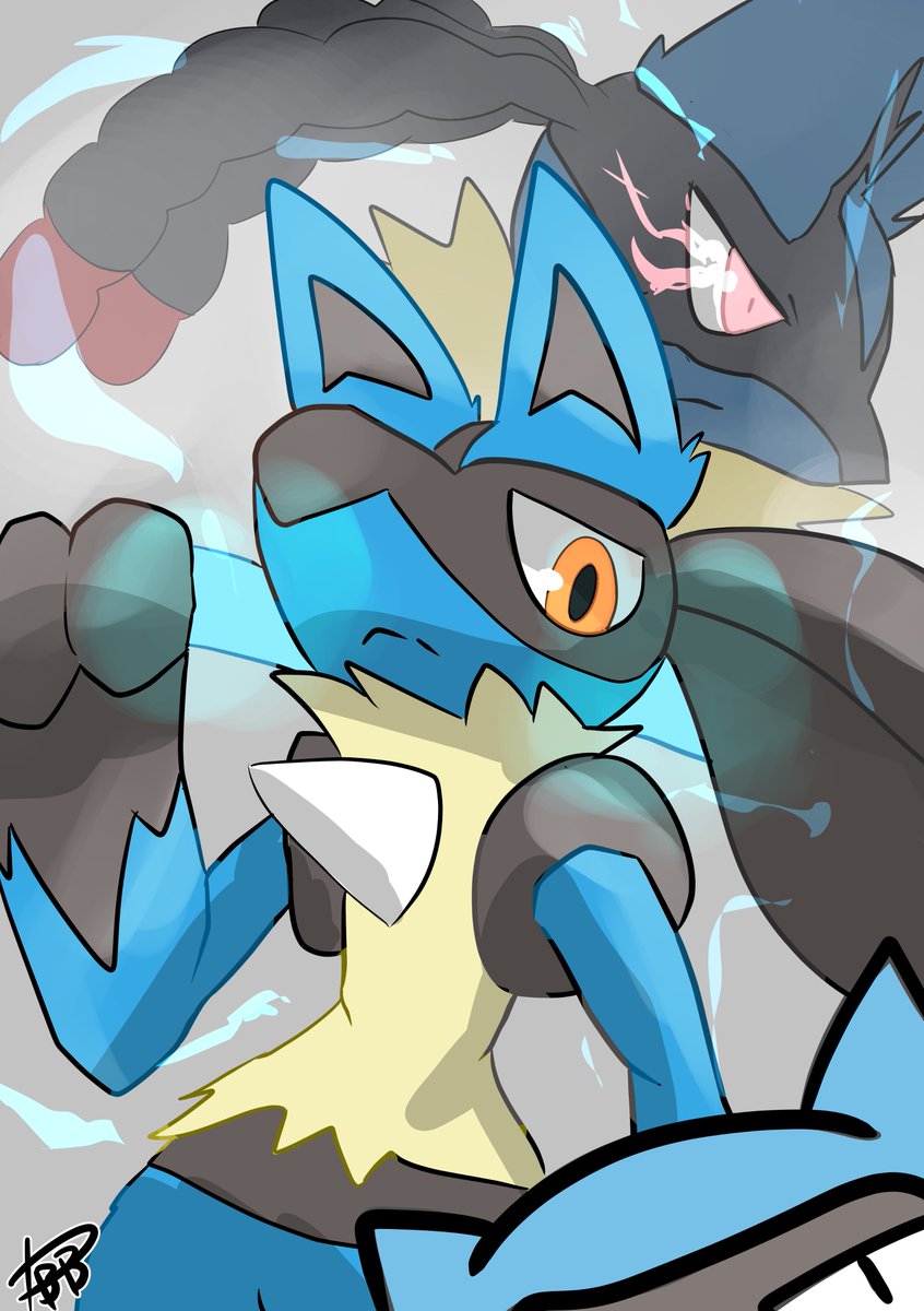 lucario pokemon (creature) furry signature grey background blue fur closed mouth spikes  illustration images