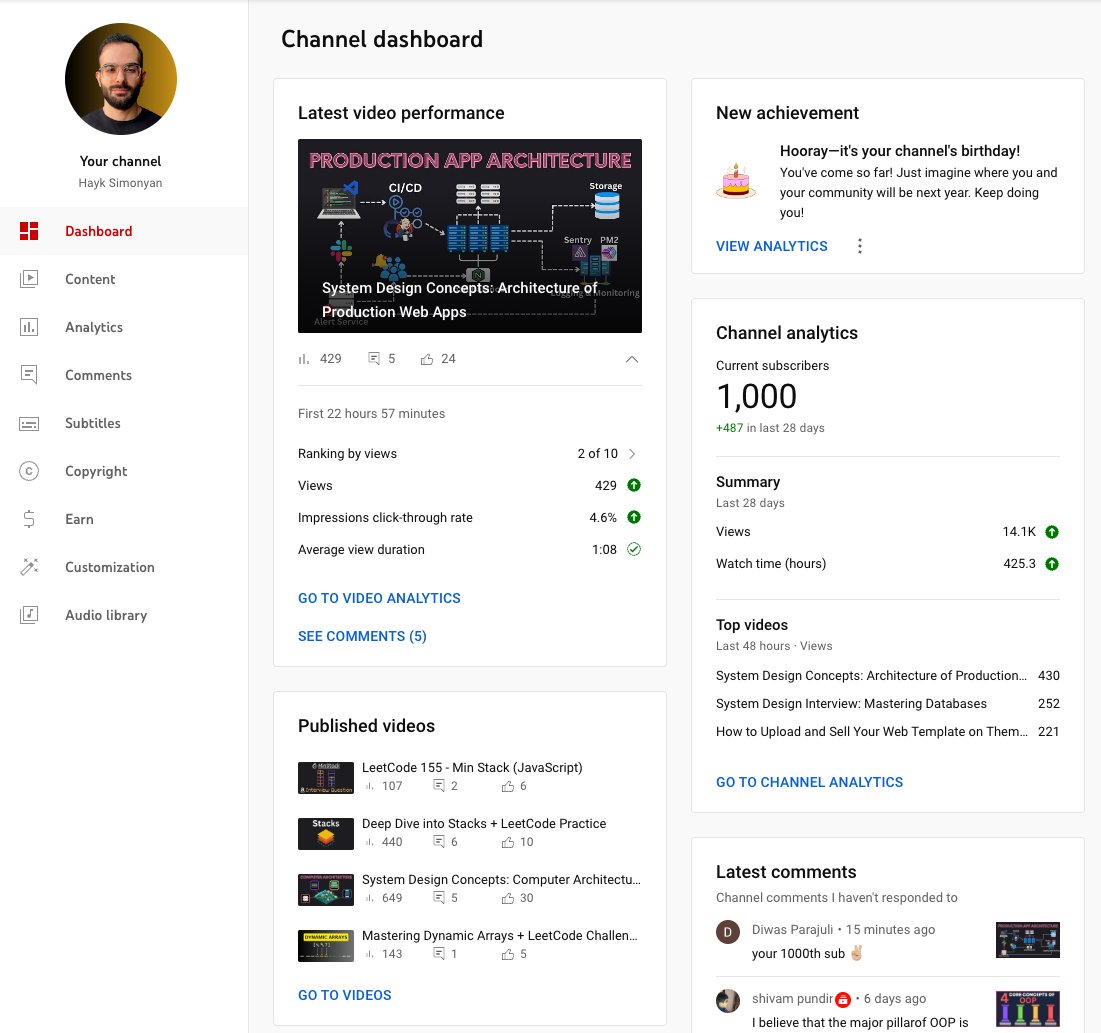 hayksimonyann's tweet image. 🎉 Today not only marks the birthday of my YouTube channel, but we've also crossed 1,000 subscribers!

For those keen on refining their #WebDevelopment knowledge – from deep dives into #DSandAlgorithms to #SystemDesignConcepts, join for weekly content ⤵️