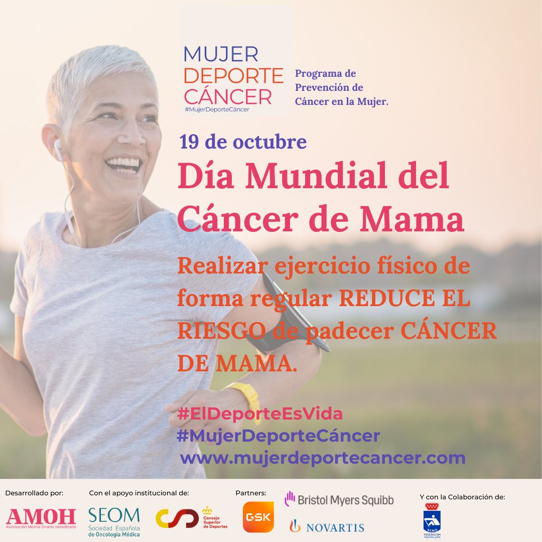 Con motivo del Día Mundial del Cáncer de mama os recordamos la importancia de la práctica regular de ejercicio físico para reducir el riesgo de padecerlo.

#MujerDeporteYCancer #ElDeporteEsVida 
<a href="/mujerdeporteca/">mujerdeportecancer</a>
@amohasociacion
<a href="/deportegob/">CSD</a>
<a href="/_SEOM/">SEOM</a> 
<a href="/NovartisSpain/">Novartis España</a>