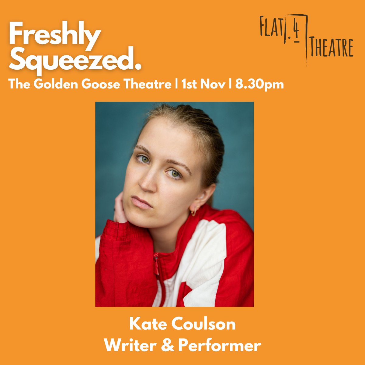 Flat4Theatre's tweet photo. Our Second to last segment...🍊

Lioness.

Written &amp; Performed by @katecoulson_ .

Directed by Madison Cole. 

Produced by Zoe Mavrides. 

A punchy piece about womens football and the players who will no longer be silenced.

Tickets available via the link in our bio 🍊 https://t.co/d9ZMJ90af3