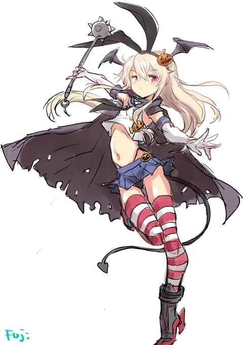 ハロウィンな島風ちゃん描きました少し前にも似たようなの描いた気はしますが…10月中に仕上げられたらいいな 