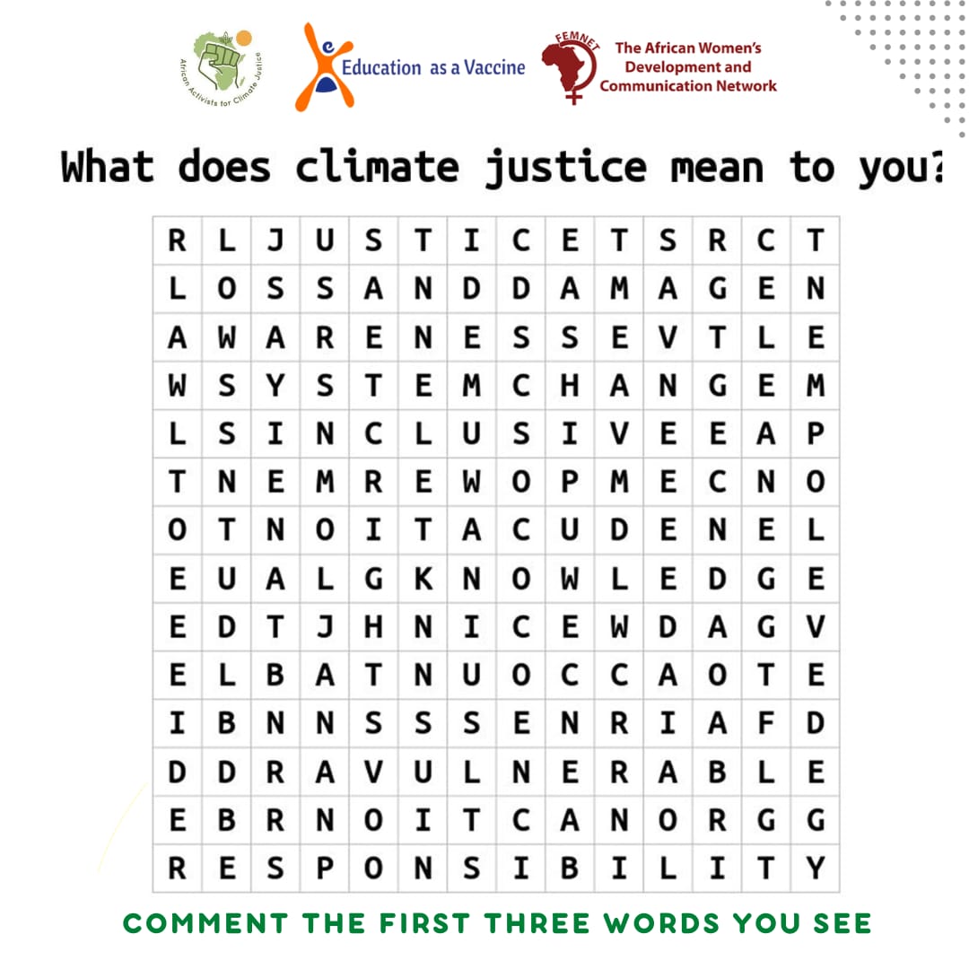 Write down the first 5 words you see🤗 you can even make a sentence with with them.
While at it, PLEASE CLICK ON THIS LINK TO SIGN A CLIMATE JUSTICE PETITION: chng.it/wNhCWT58
#Act4climate
#climatejusticenow 
#AACJ
#AACJFSMA
@FemnetProg 
@aacjinaction