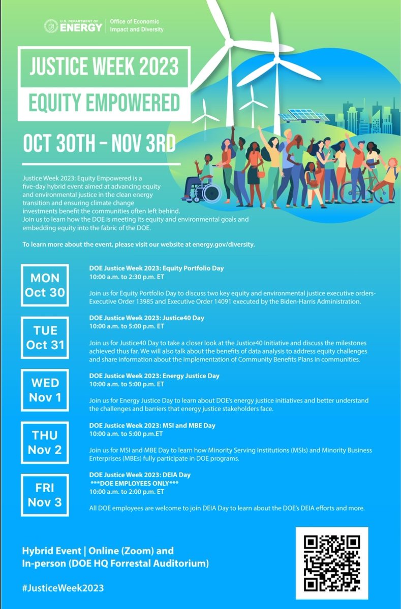 Participate in the U.S. Department of Energy's Justice Week 2023: Equity Empowered, a five-day hybrid event committed to advancing a cleaner, fairer, and more just energy future. Mark your calendar from October 30th to November 3rd. - energy.gov/diversity/just… #justiceweek2023