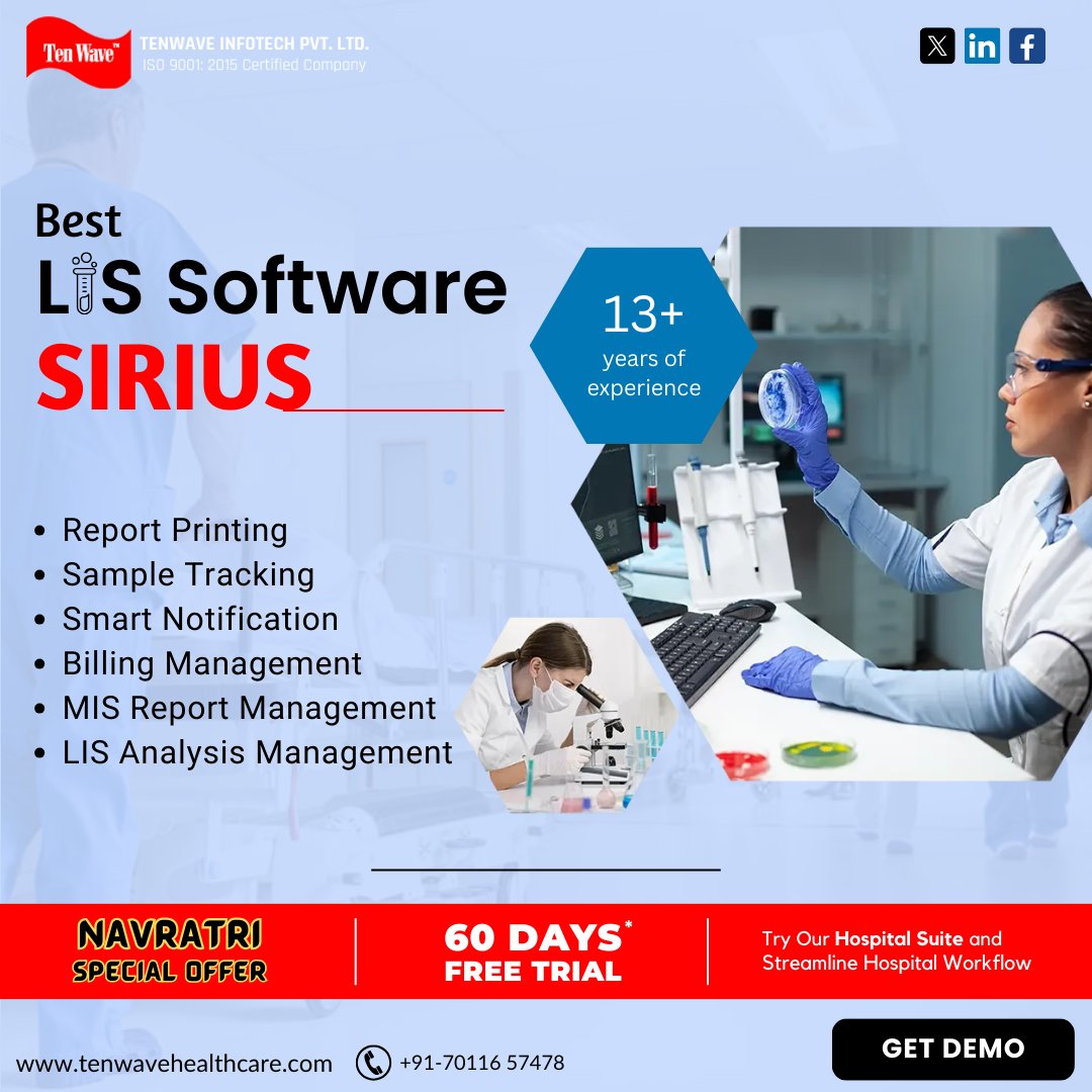 Tenwave_India's tweet image. SIRIUS LIS - All-in-one lab solution with best features
Celebrate Navratri with a special offer: 𝟲𝟬-𝗗𝗮𝘆 𝗙𝗿𝗲𝗲 𝗧𝗿𝗶𝗮𝗹 - 𝐇𝐮𝐫𝐫𝐲*
#NavratriOffer #lab #labsoftware #LIS #sirius #HospitalSoftware #FreeTrial #tenwaveinfo #hims #navratri #limitedoffer #hurry #healthcare