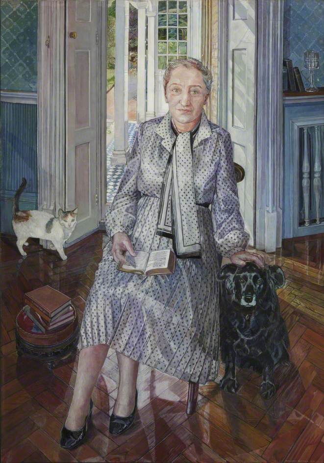 Cats are today's #OnlineArtExchange topic. Here's Mabel Rachel Trickett (1923–99) by Margaret Virginia Foreman (b.1951) in @StHughsCollege. Trickett became Principal of St Hugh's in 1973. One of her major challenges was overseeing transition to co-ed College in 1987. @artukdotorg