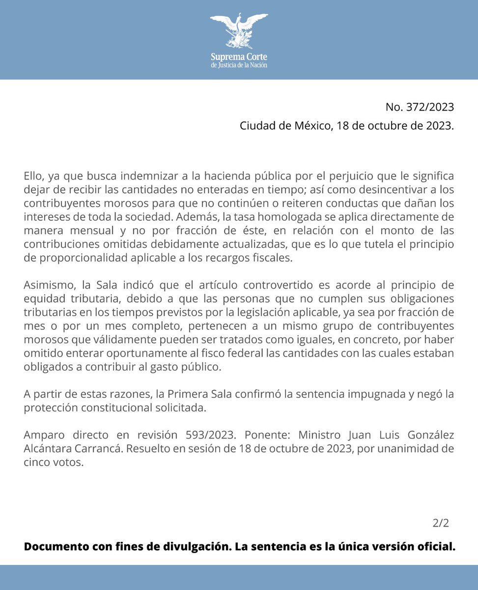 La #PrimeraSalaSCJN determinó que el establecimiento de una misma tasa de recargos por el pago extemporáneo de contribuciones, ya sea por mes o fracción de éste, es constitucional.