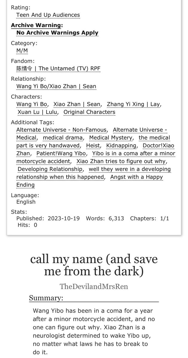 🩻call my name (and save me from the dark)🩻
#bjyx_exchange2023

🩺Teen, 6.3k
🩺For rinchanhime
🩺WYB is in a coma after a minor motorcycle accident
🩺XZ is a neurologist determined to wake him up, no matter how many laws he breaks to do it.
🩺A medical heist fic, link below⬇️