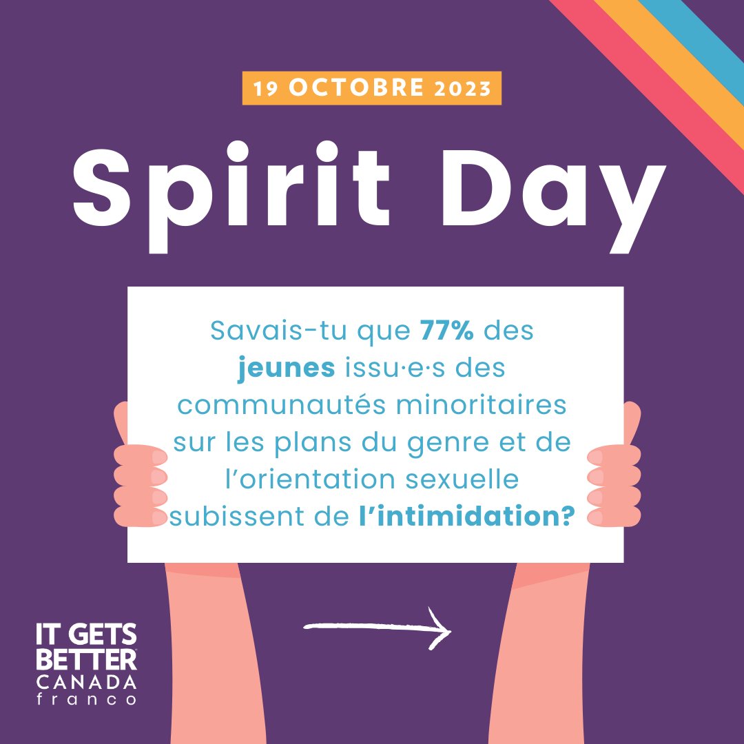 ItGetsBetterCA's tweet photo. La journée d’aujourd’hui a été consacrée le Spirit Day, créé pour sensibiliser les gens à l’enjeu de l’intimidation et pour encourager tout le monde à lutter contre l’intimidation. 1/3 #ContreLIntimidation #ItGetsBetterCanada #JeunesseQueer #2SLGBTQ #QueerCanada #SpiritDay https://t.co/8DXUD7wizW