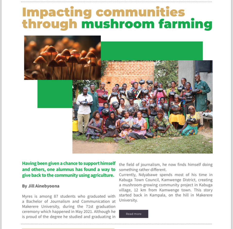 Myres Ndyabawe, a @Makerere alumnus who graduated in 2021, runs 'Simbula Ventures', an organisation creating a mushroom-growing community in Kamwenge District. Read the story of how this project is improving lives & fighting poverty in the area. Link: endowment.mak.ac.ug/pages/impactin…