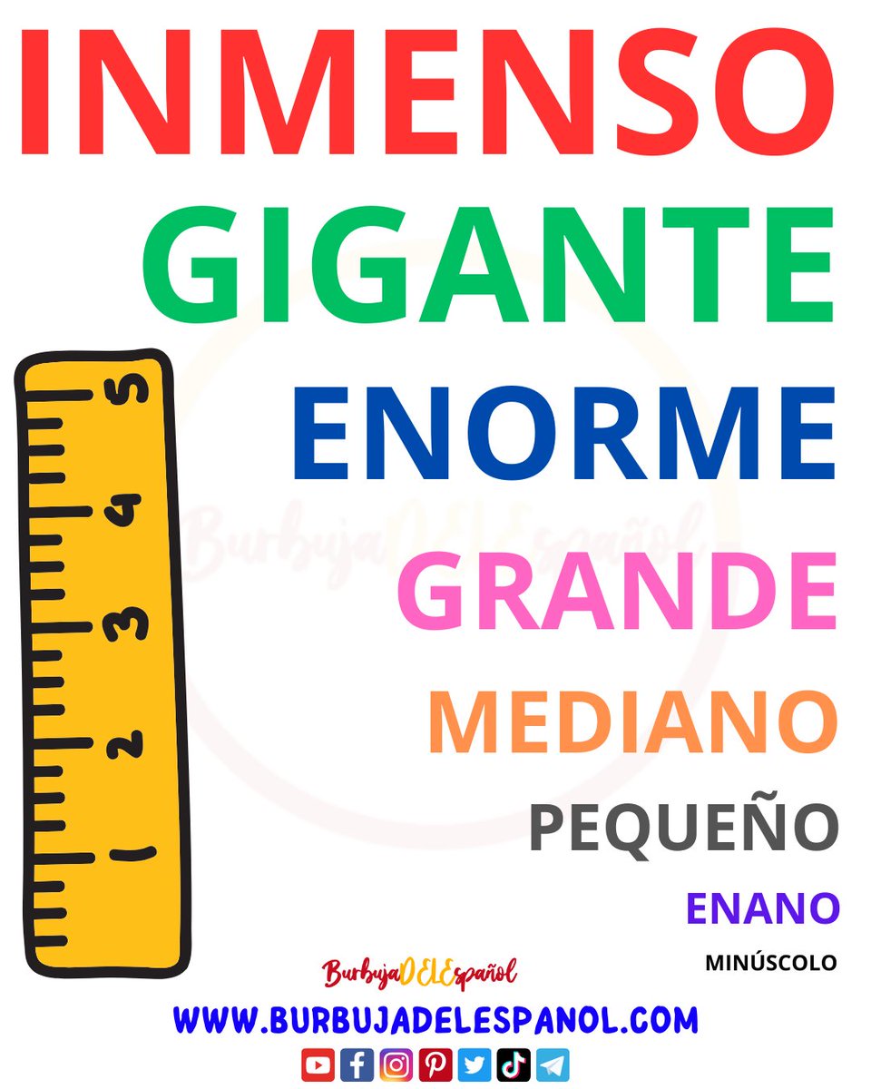 BurbujaEspanol's tweet image. Los tamaños en español, ¿conoces alguna otra palabra para indicar el tamaño de un objeto? 🇪🇸

#AprenderEspañol #EspanolParaTodos #MejorarMiEspañol #EspañolLenguaExtranjera #ComprenderEnEspañol #LecturaEnEspañol #VocabularioEnEspañol #GramáticaEnEspañol #PracticarEspañol