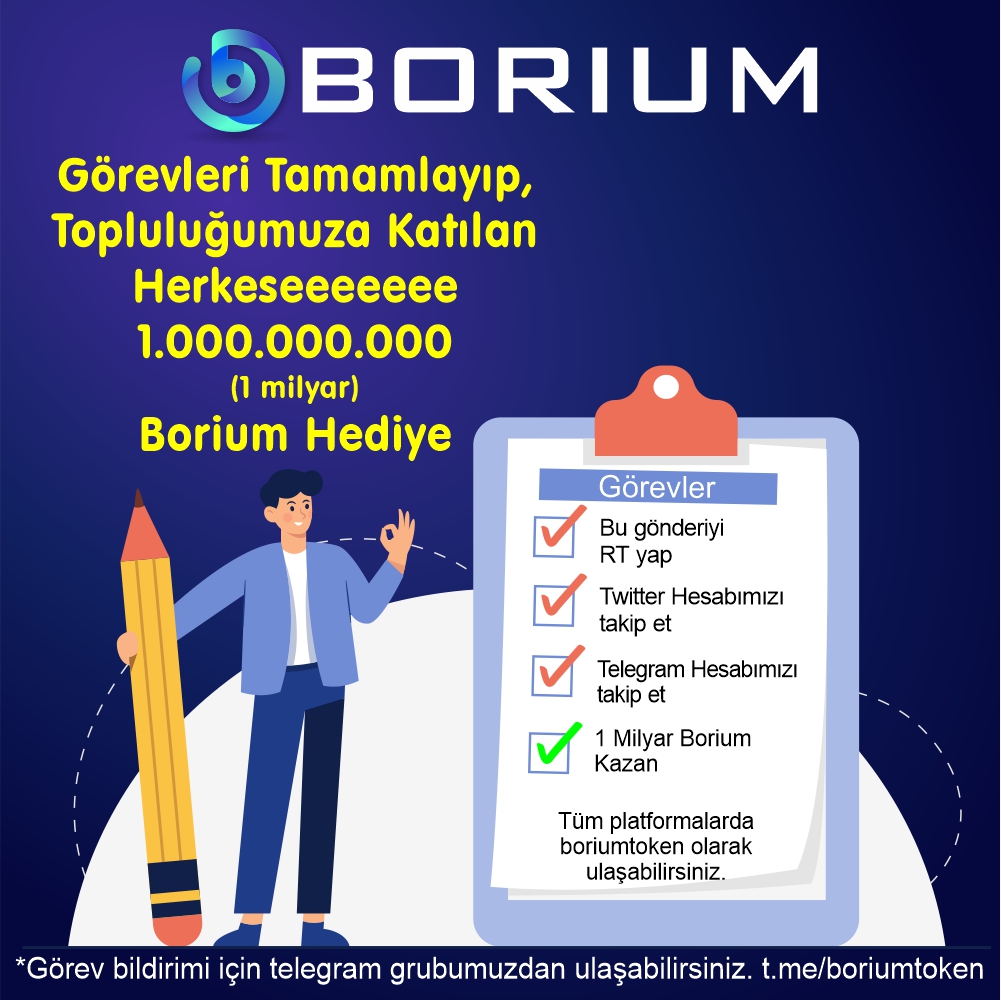 boriumtoken's tweet photo. 1- Gönderiyi RT Yap 
2- Borium token twitter hesabını takip et  
3- Telegram Grubuna katıl  https://t.co/0cPeNANJEe
Ödül : 1.000.000.000 Borium (1 Milyar Borium) ödül için telegram grubundaki görevler kısmından bildirebilir. 
Kampanya bitiş tarihi 31/10/2023 https://t.co/FteabjllKV