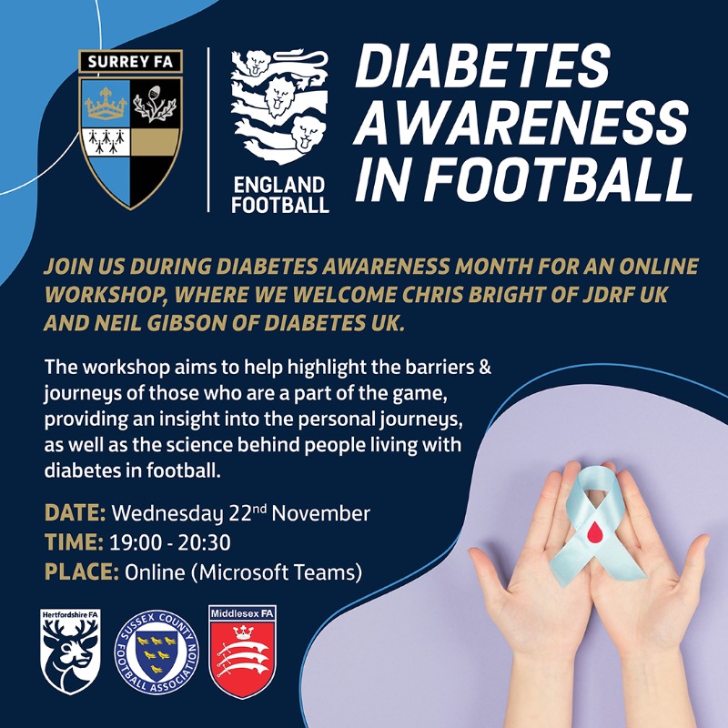 surreyfa's tweet photo. For Diabetes Awareness Month, Surrey FA have teamed up with  @SussexCountyFA, @middxfa, @HertfordshireFA, @DiabetesUK and @JDRFUK for an online workshop. 💻

📅Wednesday 22nd November
📍Online (Microsoft Teams)
🕖19:00 - 20.30

👇To find out more and sign up today!