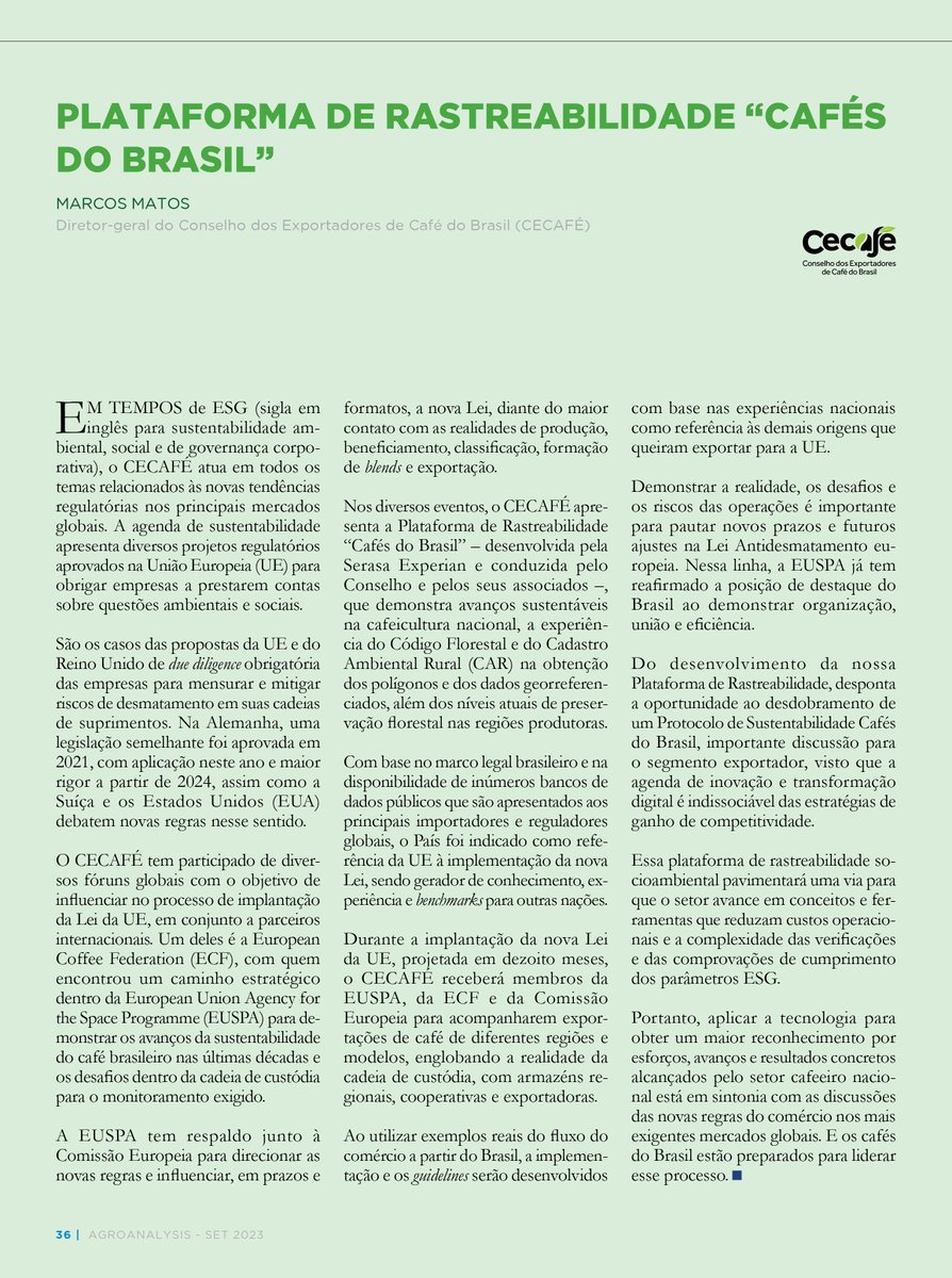 cecafebrazil's tweet photo. Está disponível a revista #Agroanalysis, da #FGV, de outubro. Sob o tema principal "O produtor precisa proteger o seu preço", destacamos o artigo "Plataforma de Rastreabilidade #CafésdoBrasil", do Cecafé. Confira: https://t.co/SzahMPebbM.
#rastreabilidade #sustentabilidade https://t.co/ctKPvMCH4t