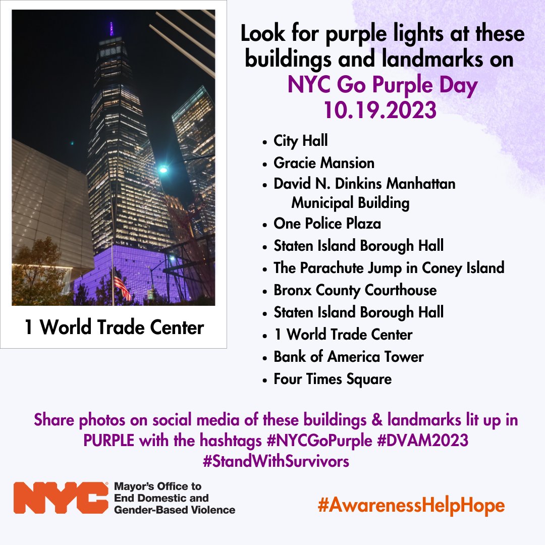 NYCYouth's tweet photo. WE ARE LIGHTING UP local buildings & landmarks in PURPLE tonight to RAISE AWARENESS ABOUT DOMESTIC VIOLENCE!
If you see a NYC landmark lit up in purple, snap a picture & post it on social media with the hashtags #DVAM2023 #StandWithSurvivors #NYCGoPurple #AwarenessHelpHope https://t.co/YHeNFzDj7d