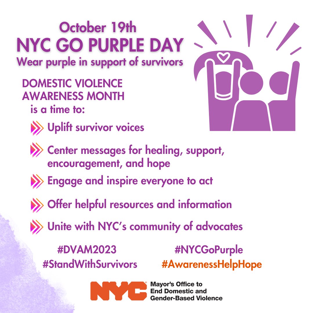 WE ARE LIGHTING UP local buildings & landmarks in PURPLE tonight to RAISE AWARENESS ABOUT DOMESTIC VIOLENCE!

If you see a NYC landmark lit up in purple, snap a picture & post it on social media with the hashtags #DVAM2023 #StandWithSurvivors #NYCGoPurple #AwarenessHelpHope