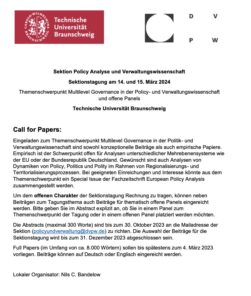 📢Reicht jetzt euer Abstract für die Sektionstagung Policy Analyse und Verwaltungswissenschaft der <a href="/dvpw/">DVPW</a> ein, die am 14. und 15. März 2024 an der <a href="/tuBraunschweig/">TU Braunschweig</a> stattfinden wird.❗️Deadline: 30.10.2023 ❗️tu-braunschweig.de/coppp/news