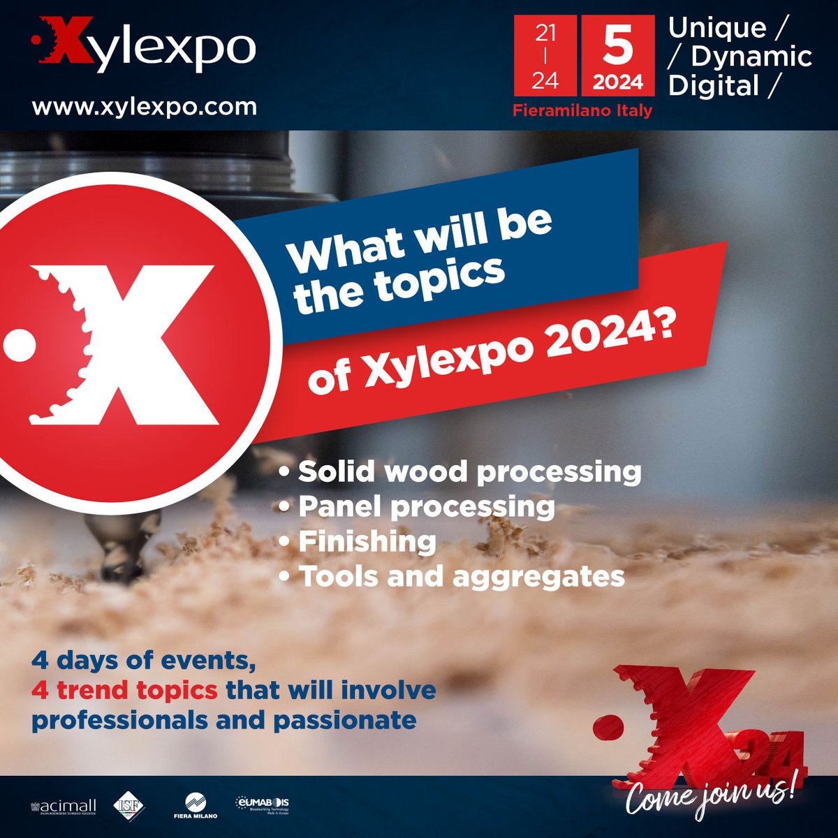 Xylexpo 2024 is getting #closer. The event will be a four-day event #full of #events, #topics and #keywords for the #future of the #wood #industry. 
4 days of #exhibition, 4 trend topics: 
#solid wood processing 
#panel processing;
#finishing;
#tools and aggregates.