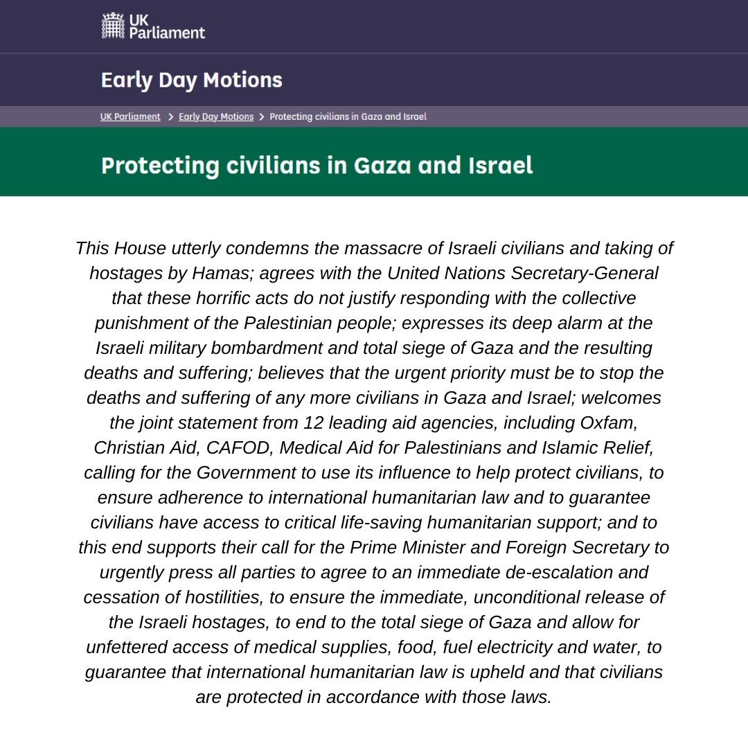 RichardBurgon's tweet photo. Over 50 MPs from eight parties are now backing my Parliamentary motion for a ceasefire.

The UN General Secretary is calling for a ceasefire.

Brazil - which has the UN Security Council Presidency - is calling for a ceasefire.

Our Government should be demanding #CeasefireNOW https://t.co/hIfpBwZbzu