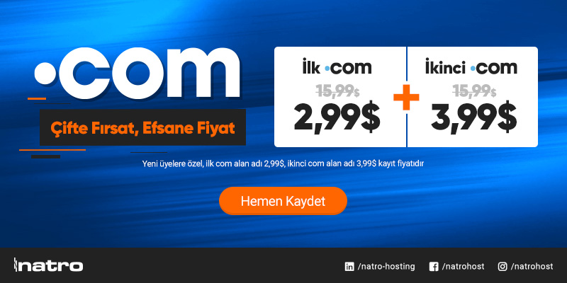 natrohost's tweet image. .COM domain size özel şimdi 2,99$💥 Üstelik 2. .COM domain kaydı ise sadece 3,99$!

✨Aklınızdaki muhteşem alan adını bugün, en uygun fiyat avantajıyla hemen kaydedin: bit.ly/3Qosq7p

#domain #comdomain #alanadi
