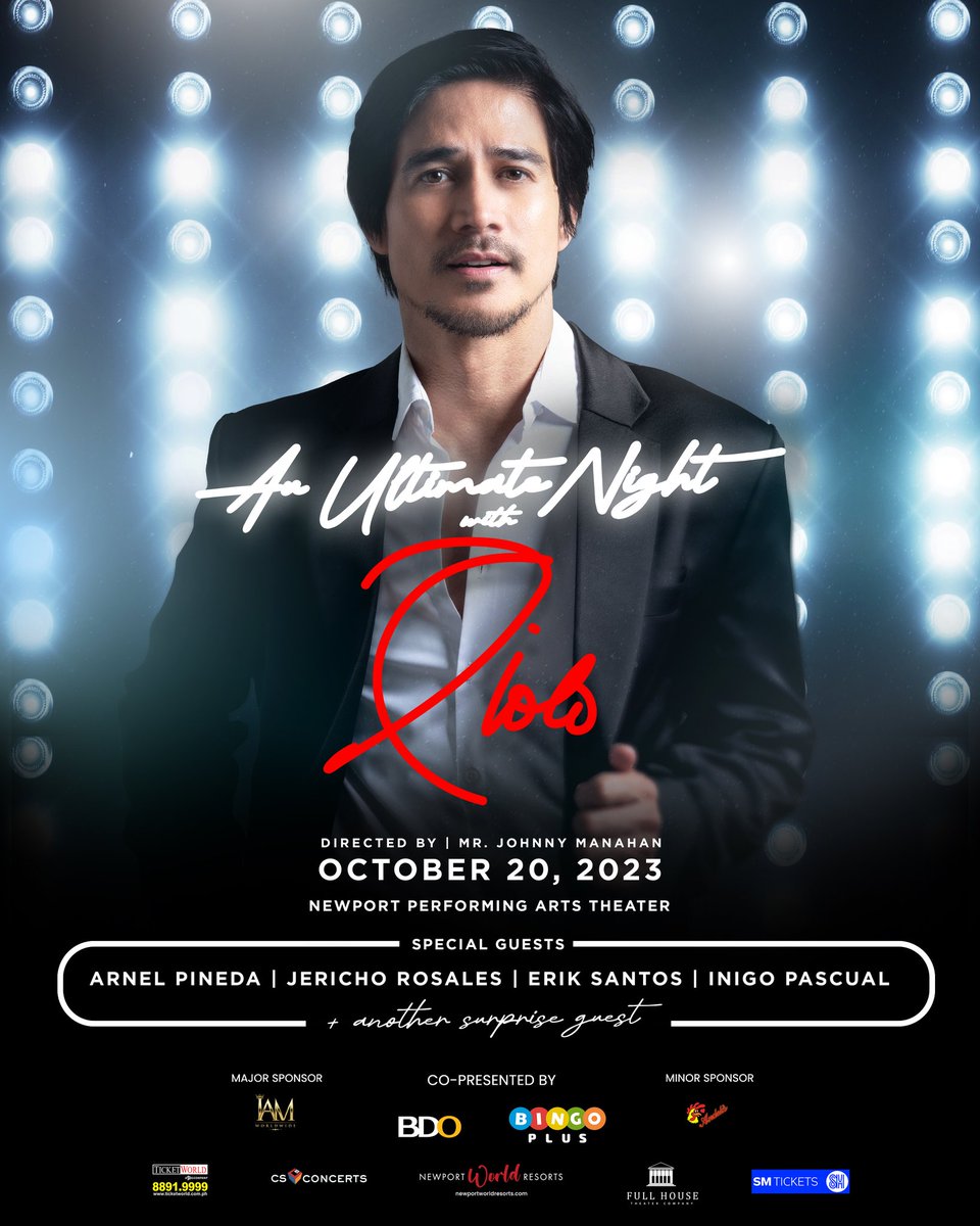 Catch Arnel Pineda, Jericho Rosales, Erik Santos, Inigo Pascual, and a very special surprise guest perform with Piolo tomorrow night! An Ultimate Night with Piolo October 20, 2023 Newport Performing Arts Theater Director: Mr. Johnny Manahan 🎟 SM Tickets or TicketWorld