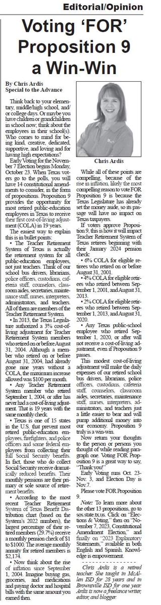 CHRISTINEARDIS's tweet photo. Thank you, @ANJournal_RGV , for allowing me to write a guest column about #Proposition9 on the Nov. ballot. First COLA for #publiced employees who retired on or after Sept. 1, 2004. That's 19 years with the same monthly pension! #Texas @TRSofTexas #COLA #inflation #struggling https://t.co/2EDghsklz8