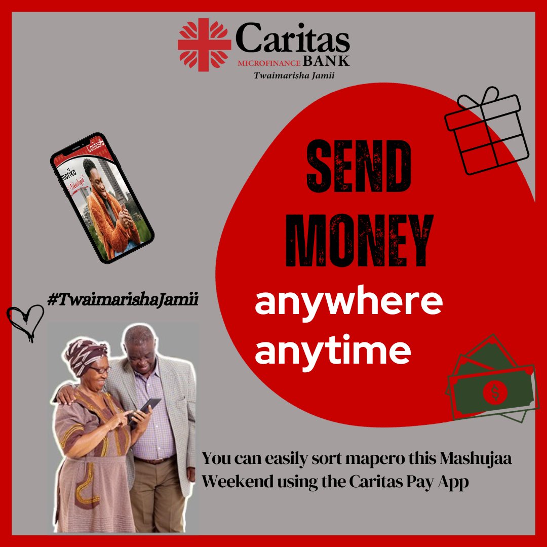 CaritasMFB's tweet photo. Anza weekend yako ukisort Mashujaa wako home with some chums directly from your @CaritasMFB account.
You can easily send money to your loved ones via Caritas Pay App Anywhere, Anytime!
#CaritasPay #convinentbanking #MashujaaWeekend https://t.co/EFYVhUf3Za