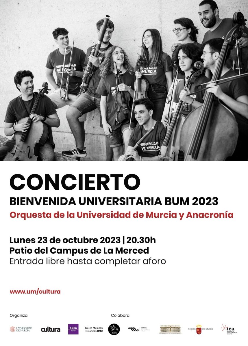 ¡Volvemos a la @OrquestaUMU 🙌❤️! Ofreceremos, junto a los músicos de la orquesta, un concierto con motivo de la BIENVENIDA UNIVERSITARIA #BUM de la @UMU 🌿 ¡Os esperamos!