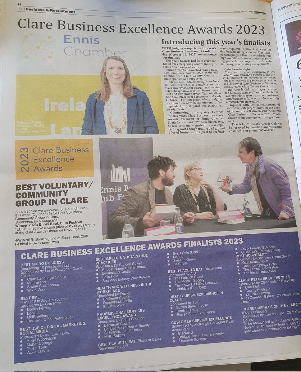 🍾 <a href="/ebcf/">📚 Ennis Book Club Festival | March 7-9 2025 📚</a> has been named Best Voluntary/Community Group as part of the 2023 Clare Business Excellence Awards organised by <a href="/EnnisChamber/">Ennis Chamber</a> 🍾

If you need us we'll by dusting off the finery ahead of Awards night! 

#ClareBusinessAwards23 #PoweredByVolunteers