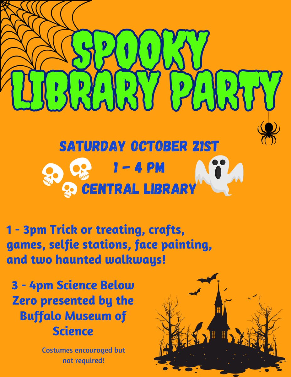 This Saturday at 1pm, join the <a href="/buffalolibrary/">Buffalo & Erie County Public Library</a> for a free, family friendly Spooky Library Party! Guests will enjoy trick or treating throughout library, crafts, face painting, haunted walkways, &amp; more. Costumes encouraged but not required. Details at bit.ly/46TLdgi 👻