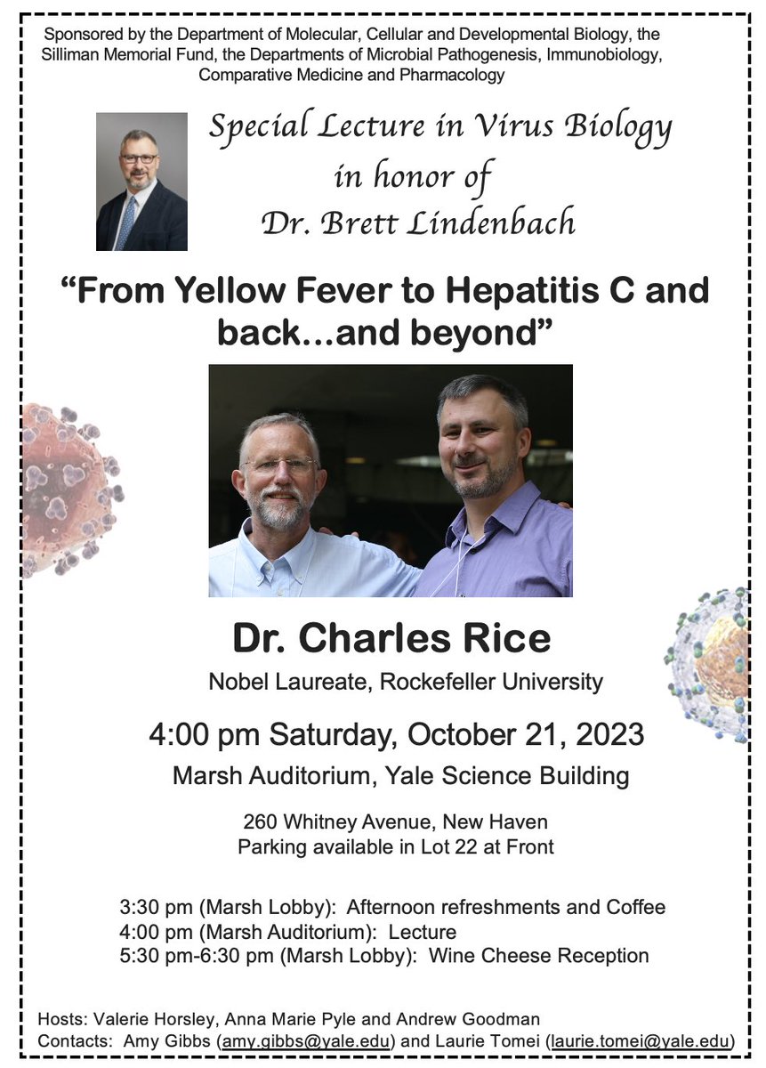 Prof. Akiko Iwasaki (@virusesimmunity) on Twitter photo We have a special lecture planned <a href="/Yale/">Yale University</a> in honor of Dr. Brett Lindenbach this Saturday. The lecture will be given by the Nobel laureate Prof. Charles Rice. It is open to all and there is also a remote option for this lecture. Please join us!
yale.hosted.panopto.com/Panopto/Pages/… We have a special lecture planned <a href="/Yale/">Yale University</a> in honor of Dr. Brett Lindenbach this Saturday. The lecture will be given by the Nobel laureate Prof. Charles Rice. It is open to all and there is also a remote option for this lecture. Please join us!
yale.hosted.panopto.com/Panopto/Pages/…