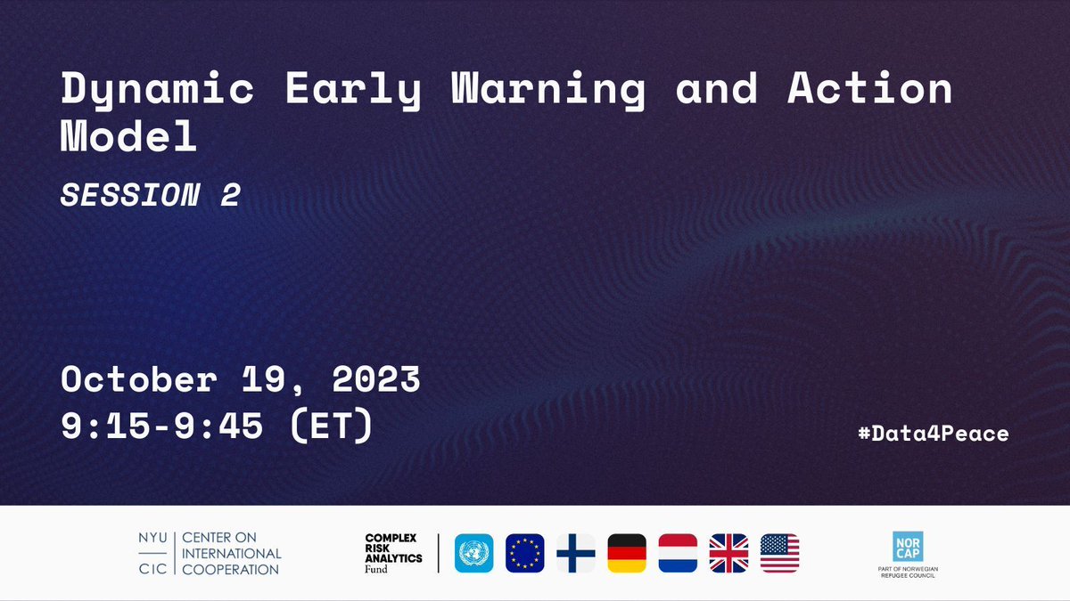 NYU Center on International Cooperation (CIC) (@nyucic) on Twitter photo 🌐 Starting at 9:15 ET | #Data4Peace 2023
Join this <a href="/conflictforeca1/">conflictforecast</a> session on the policy evaluation tool they have developed to guide policymakers engaged in conflict prevention.
Program: cic.nyu.edu/data-for-peace…
Register: cic.nyu.edu/events/data-fo… 🌐 Starting at 9:15 ET | #Data4Peace 2023
Join this <a href="/conflictforeca1/">conflictforecast</a> session on the policy evaluation tool they have developed to guide policymakers engaged in conflict prevention.
Program: cic.nyu.edu/data-for-peace…
Register: cic.nyu.edu/events/data-fo…