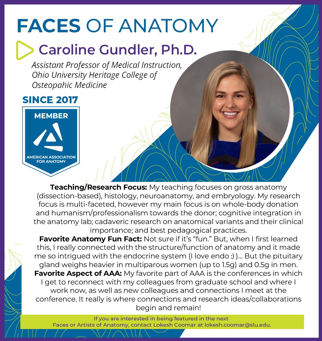 Check out this new Faces of Anatomy Feature on Dr. Caroline Gundler <a href="/cmuellersdayoff/">Caroline (Mueller) Gundler, Ph.D.</a> !

If you want to be featured in our next Faces OR Artists of Anatomy, contact lokesh.coomar@slu.edu.

ow.ly/jXC650PY8me

#anatomy #research #education #AmericanAssociationForAnatomy #AAA