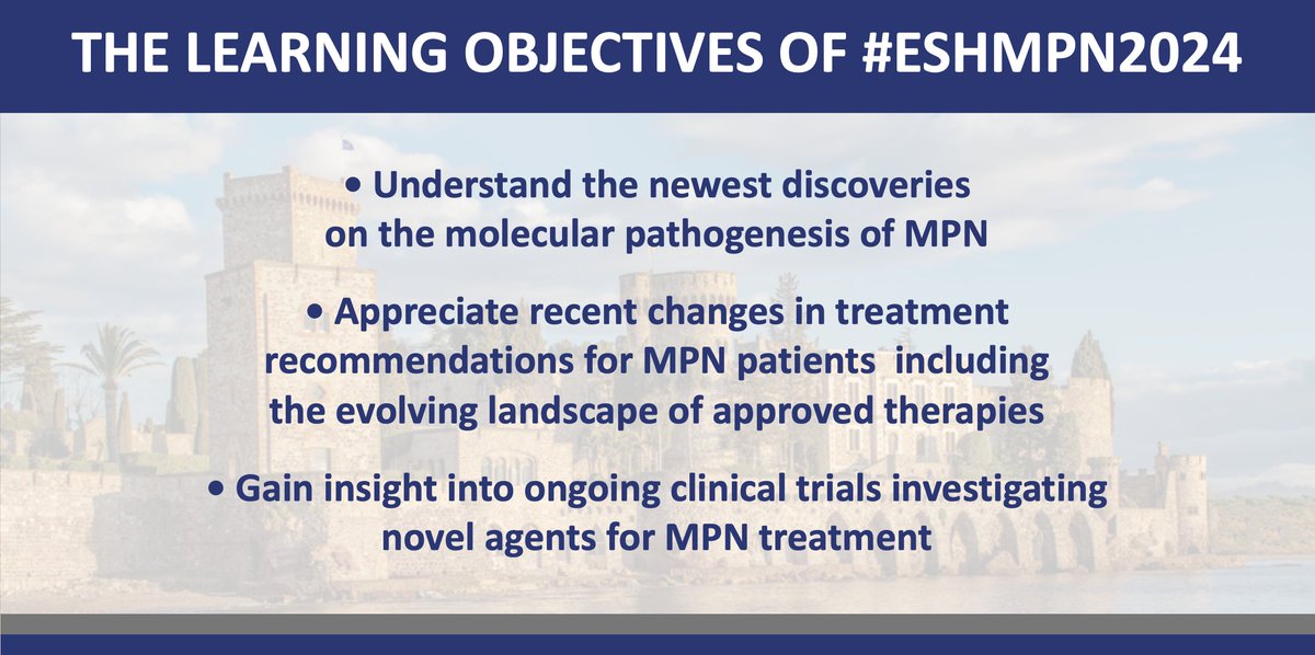 ESH (Haematology) (@eshaematology) on Twitter photo 📣 Highlighting the learning objectives of #ESHMPN2024!
Register here ➡️ bit.ly/3PALAGS
10th Translational Research Conference MYELOPROLIFERATIVE NEOPLASMS
🗓️ April 26-28, 2024 in Mandelieu 🇫🇷
Chairs: <a href="/jjkiladjian/">J.J. Kiladjian</a>, <a href="/rosslevinemd/">Ross Levine</a>, <a href="/jyoti_nangalia/">Jyoti Nangalia</a>
#ESHCONFERENCES #MPNsm 📣 Highlighting the learning objectives of #ESHMPN2024!
Register here ➡️ bit.ly/3PALAGS
10th Translational Research Conference MYELOPROLIFERATIVE NEOPLASMS
🗓️ April 26-28, 2024 in Mandelieu 🇫🇷
Chairs: <a href="/jjkiladjian/">J.J. Kiladjian</a>, <a href="/rosslevinemd/">Ross Levine</a>, <a href="/jyoti_nangalia/">Jyoti Nangalia</a>
#ESHCONFERENCES #MPNsm