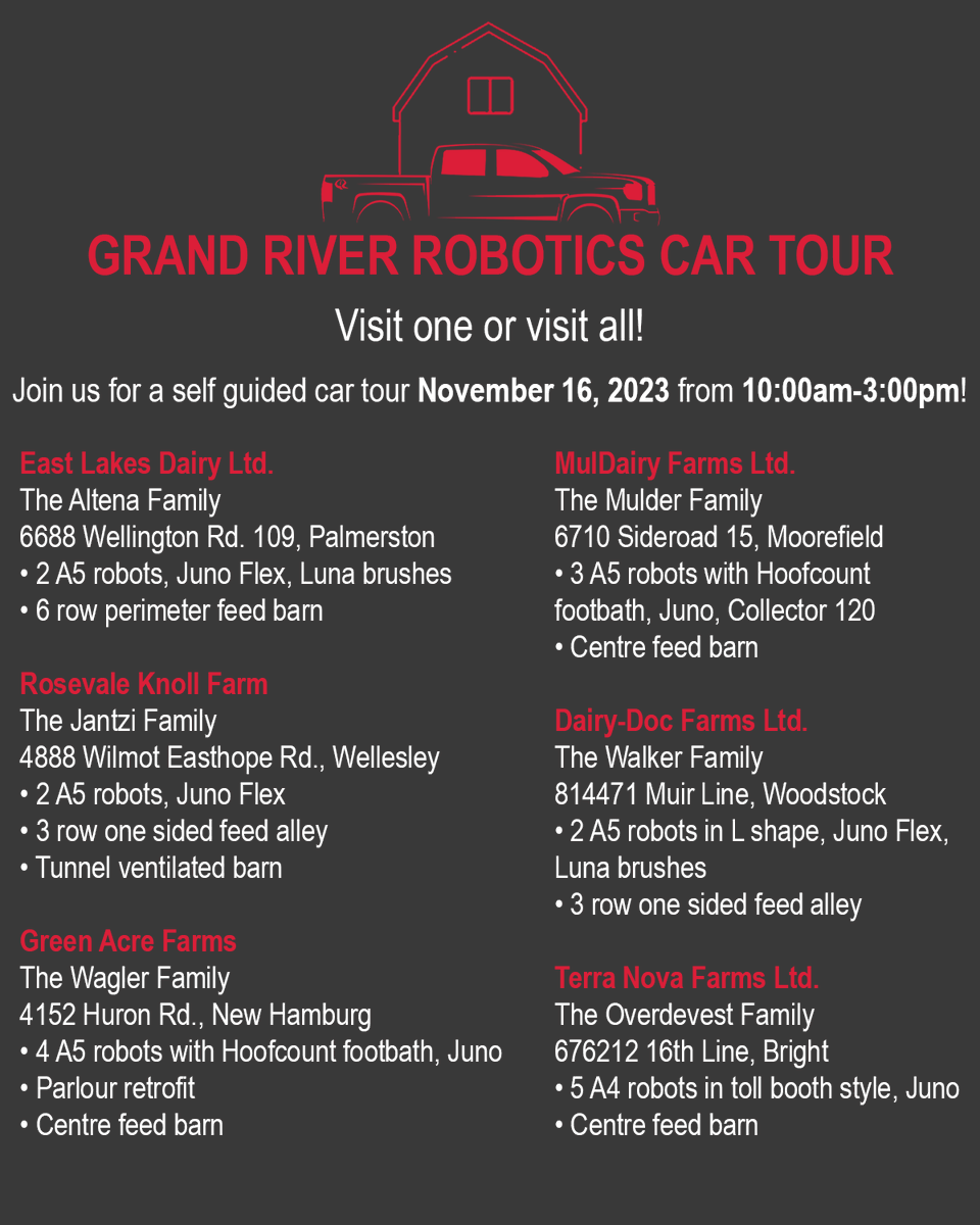 GRRobotics's tweet photo. 𝐀𝐧𝐨𝐭𝐡𝐞𝐫 𝐞𝐯𝐞𝐧𝐭 𝐟𝐨𝐫 𝐍𝐨𝐯𝐞𝐦𝐛𝐞𝐫->The Grand River Robotics Car Tour! 
Join us for our self guided car tour Nov. 16 from 10am-3pm. This tour will feature newly built &amp; retrofitted barns that will show you different layout ideas along w/ some of our other products. https://t.co/yWm4YyPbbD