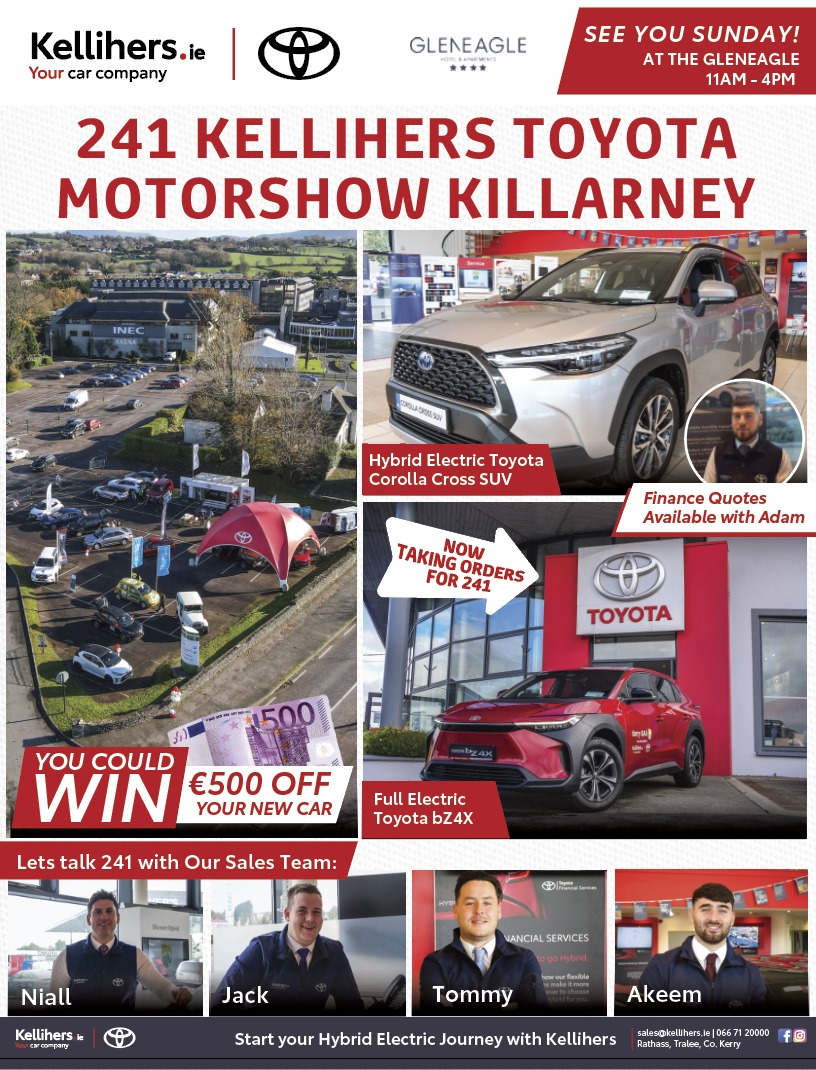 Kellihers Garage (@kellihersgarage) on Twitter photo Join us Sunday @GleneagleHotel for our 241 Toyota Motorshow where will have our full Toyota range on show. We look forward to seeing you there from 11am to 4pm #toyotakerry #toyotasales #241newcar Join us Sunday @GleneagleHotel for our 241 Toyota Motorshow where will have our full Toyota range on show. We look forward to seeing you there from 11am to 4pm #toyotakerry #toyotasales #241newcar