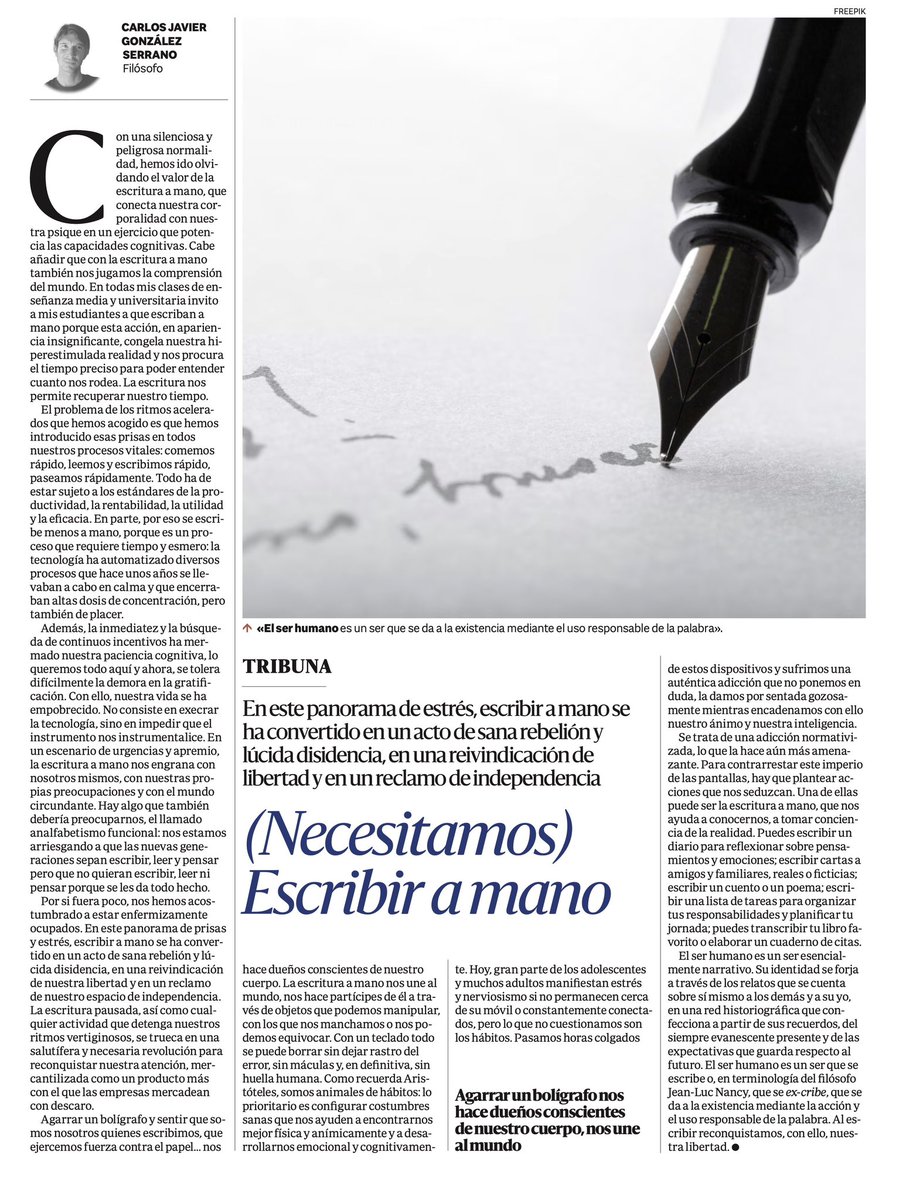 Aspirar_al_uno's tweet image. Escribir a mano no sólo retrasa el deterioro cognitivo, potencia la asociación de ideas y nuestra memoria, mejora el aprendizaje y atenúa nuestros niveles de estrés; escribir supone, también, rebelarse frente al imperio de las prisas, que nos impiden pensar nuestra circunstancia.