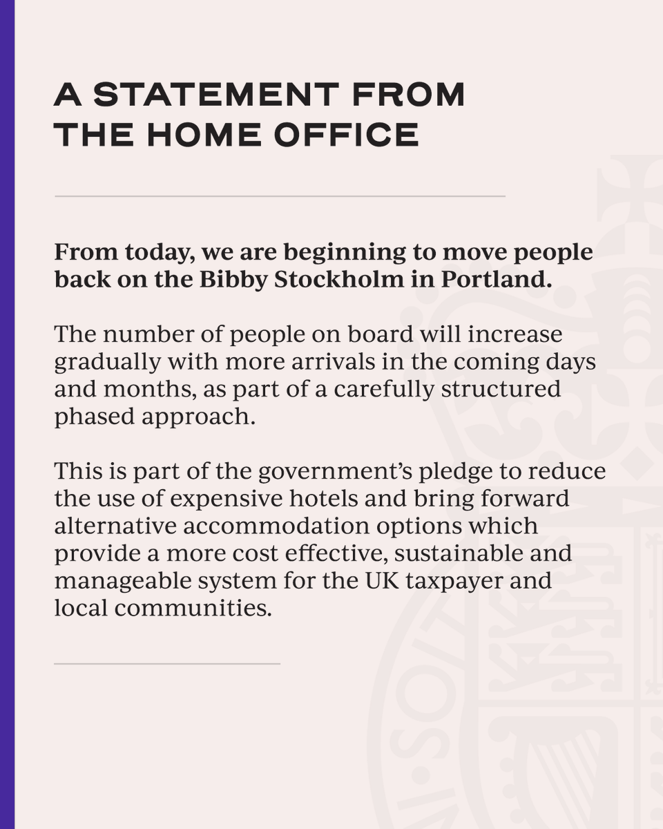 ukhomeoffice's tweet photo. Today we began moving asylum seekers back on to the Bibby Stockholm after all necessary health, fire and safety checks were successfully completed.

A statement from the Home Office ⤵ https://t.co/dHnEvm9kOw