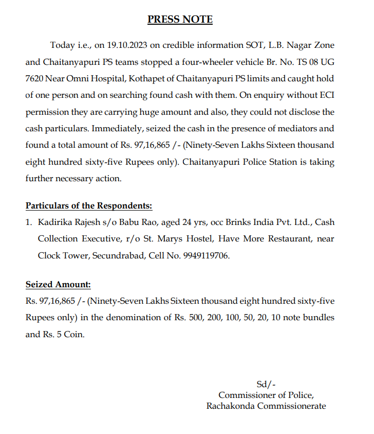 RachakondaCop's tweet image. Today on credible information, #SOT_LBNagar and @Chaitanyapurips Police #apprehended an individual who was found #transporting a substantial amount of Rs 97,16,865 in a four-wheeler near Omni Hospital, Kothapet, and seized the cash. 

@TelanganaCOPs @DCPLBNagar @AcpLbNagar