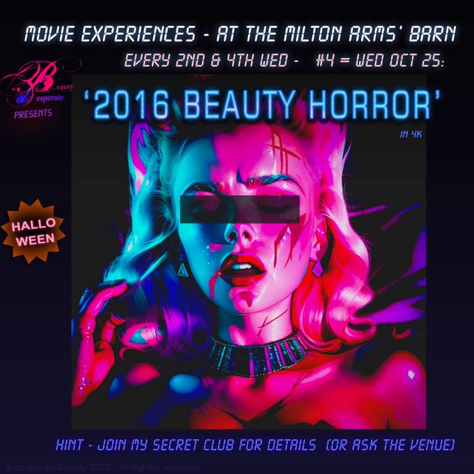 my secret 🎃 movie @ The Milton Arms Barn (Portsmouth) Wed Oct 25 is a 2016 beauty horror.  high end 4k<a href="/tag/live"class="tags"><span>#live</span></a><a href="/tag/hmv"class="tags"><span>#hmv</span></a><a href="/tag/southampton"class="tags"><span>#southampton</span></a><a href="/tag/desperatebeauty"class="tags"><span>#desperatebeauty</span></a>