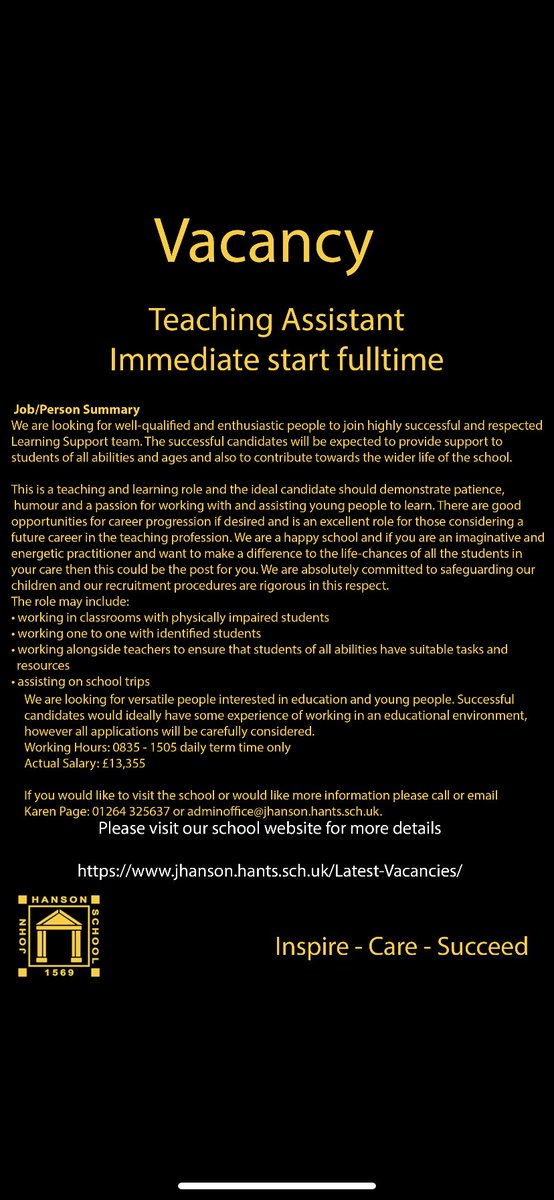Join our team. We are looking for Teaching Assistants with Immediate start.
For further details please visit our website 
#inspirecaresucceed