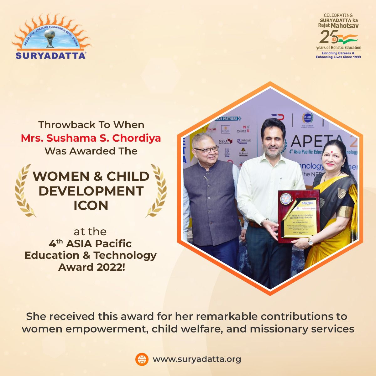 'Throwback to Mrs. Sushama S. Chordiya's 'Women and Child Development Icon in #AsiaAward' at the 4th ASIA Pacific #Education & Technology Summit in Goa, Nov 25, 2022! Her tireless efforts in education inspire countless lives. 🌟 #SGI #Throwback #MrsSushmaSChordiya #Award